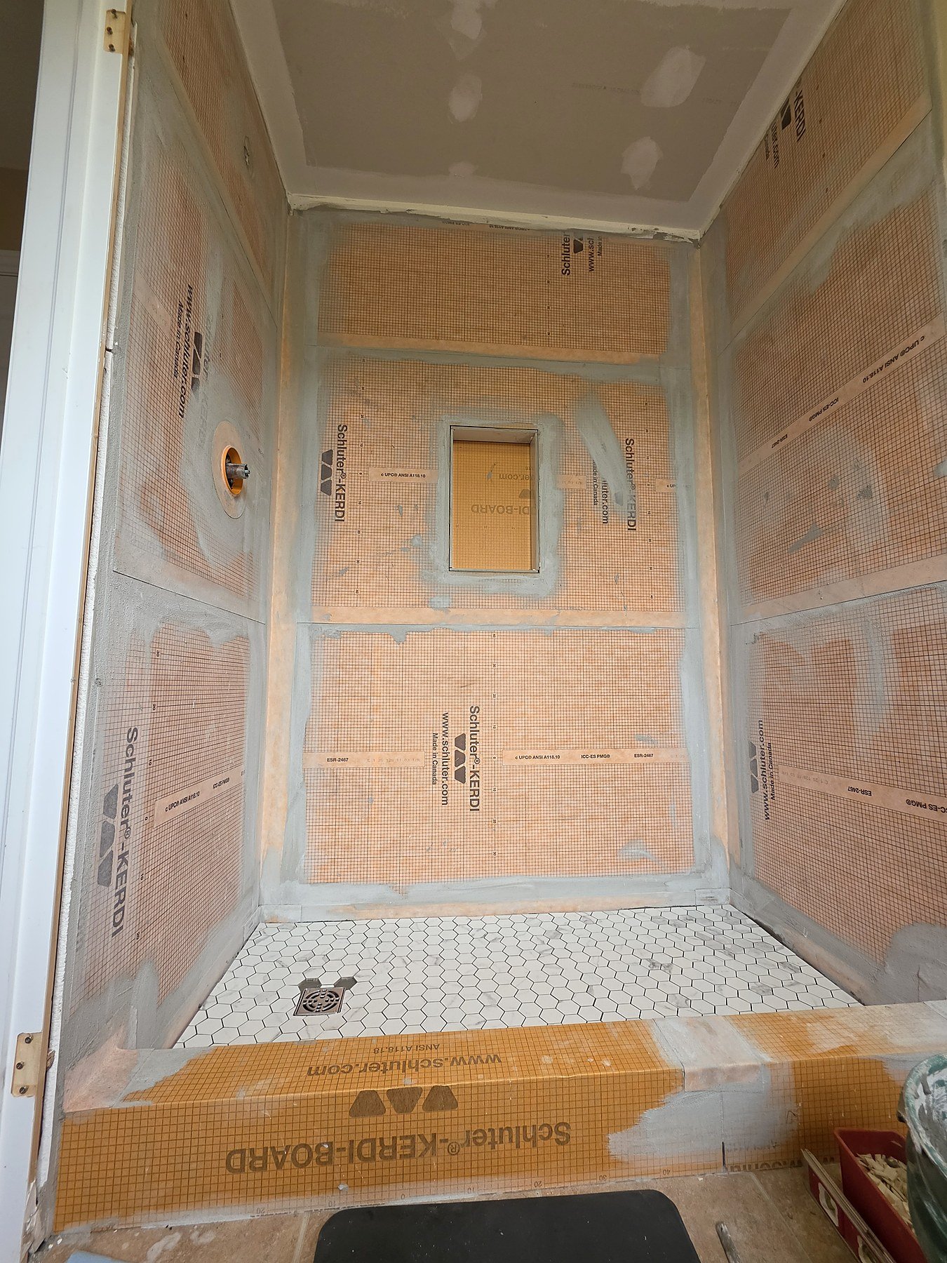 Bathroom shower waterproofing in progress